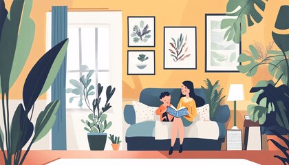 A woman sits on a sofa with her son, and they are both looking at a book in their hands.