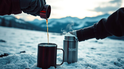 Naklejka premium Pouring coffee in winter landscape thermos mountain snow cold drink hot beverage outdoor adventure travel