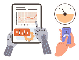Robot hand interacts with analytics graph alongside human hand unlocking mobile screen. Ideal for AI, human-robot collaboration, future tech, innovation, data analysis, automation, and teamwork