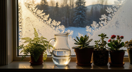 Indoor Plants and Clear Pitcher on a Snowy Window Ledge at Sunset