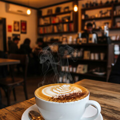 Capturing the essence of a cozy coffee shop experience a steaming latte with exquisite art on a wooden table