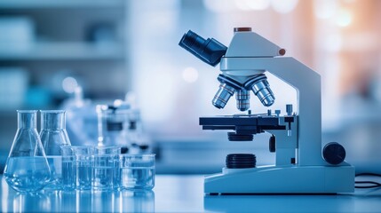 Close-up of biology lab equipment such as microscopes and glassware, on blurred background