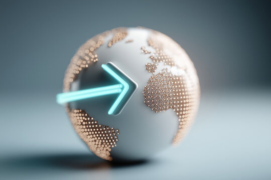 3D arrow pointing to a globe
A 3D arrow pointing to a glowing digital globe symbolizes business expansion and global reach. The clean, futuristic design features neon blue lighting, sharp focus, and a