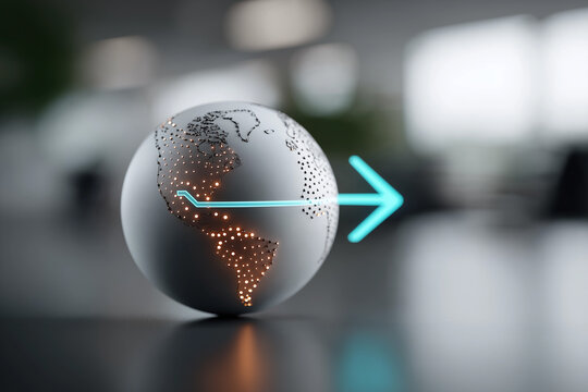 3D arrow pointing to a globe
A 3D arrow pointing to a glowing digital globe symbolizes business expansion and global reach. The clean, futuristic design features neon blue lighting, sharp focus, and a
