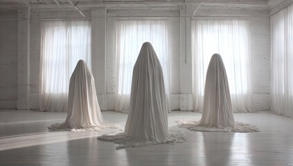 Three shrouded figures in a bright white room (1)