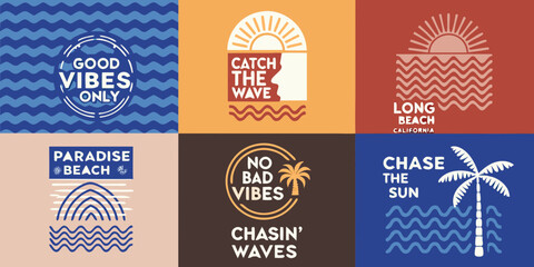 Collection of six square graphic designs featuring beach and surf inspired typography and illustrations