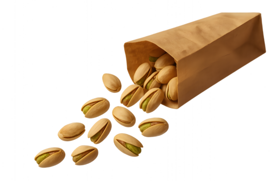 Raw unbleached pistachio nuts spilling from eco friendly paper pouch