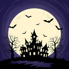 Spooky Haunted House Silhouette with Full Moon and Bats