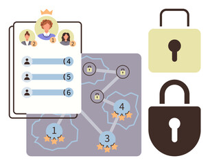 Ranked leaderboard, secure padlocks, gamified network, and progress tracking on task map. Ideal for teamwork, goal setting, task allocation, data security strategy achievement motivation. Simple