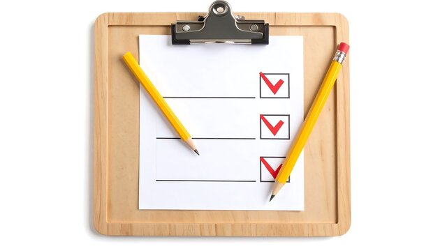 Clipboard with checklist and pencils on white background