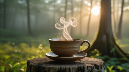 Steaming coffee cup in forest morning sunlight, nature beverage, outdoor drink, relaxation, woodland scene