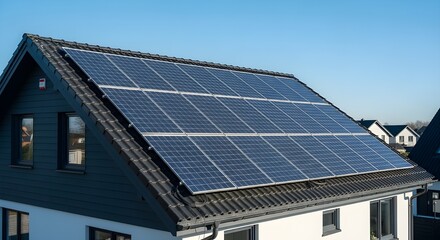 Photorealistic Solar Panels on Modern House Rooftop in Bright Daylight