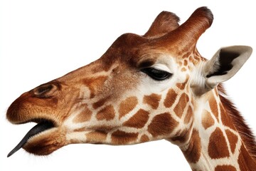 Close-up of a giraffe's head and neck with an extended tongue