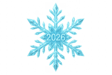 Ice crystal snowflake showing year 2026 on transparent background