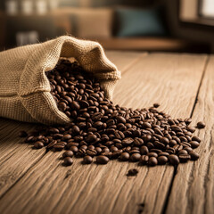 Freshly roasted coffee beans spilling from a rustic burlap bag onto an aged wooden table, evoking warmth and the promise of an aromatic brew
