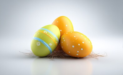 Three decorated Easter eggs, light green and orange, sit atop a nest of straw, reflecting on a light gray surface