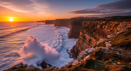 Cliffs edge view of wave crushing against the shore during golden sunset
