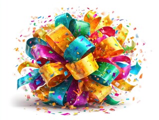 Colorful ribbon bow explosion with confetti
