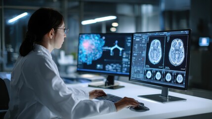 AI-assisted MRI scan analysis on advanced medical workstation for enhanced diagnosis, showcasing artificial intelligence medical imaging innovation and radiology technology.