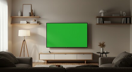 Modern Living Room with Green Screen TV Mockup