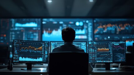 AI system predicting global economic trends in high-tech control center with real-time data analysis, showcasing artificial intelligence economic forecasting technology.