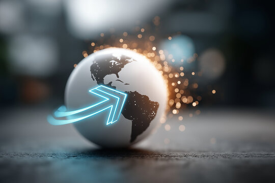 3D arrow pointing to a globe
A 3D arrow pointing to a glowing digital globe symbolizes business expansion and global reach. The clean, futuristic design features neon blue lighting, sharp focus, and a