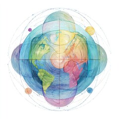 Earth within concentric circles, watercolor style, with radiating colors and celestial bodies