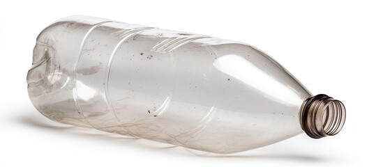 Empty plastic bottle lying on a white background, showing signs of use