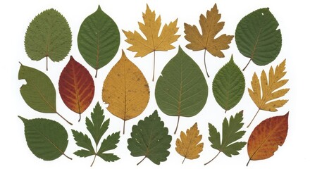 Diverse Collection of Autumn and Green Leaves on White Background, Showcasing Varied Shapes, Colors, and Textures for Botanical and Seasonal Designs