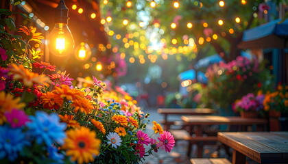 Outdoor café decorated with colorful flowers and a row of warm yellow hanging light bulbs, with a blurred background creating a cozy and inviting atmosphere.