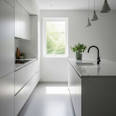 Modern minimalist white kitchen with island, contemporary design and natural light