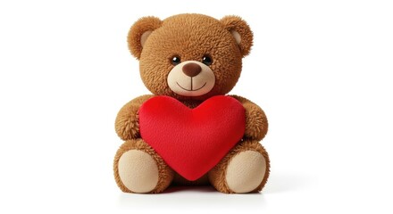 Obraz premium Cute Brown Teddy Bear Holding a Red Heart on a Pure White Background