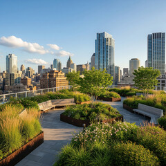Rooftop Garden Oasis in Urban Landscape with Cityscape Views