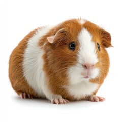 Cute guinea pig, reddish-brown and white, sits on white background