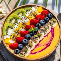 Vibrant and refreshing fruit smoothie bowl topped with fresh berries, kiwi, mango, and chia seeds for a healthy breakfast