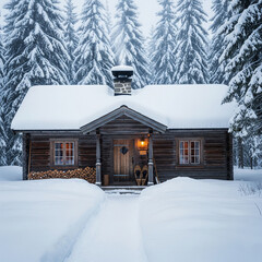 Cozy wooden cabin nestled in a snow-covered forest with a warm light glowing from within