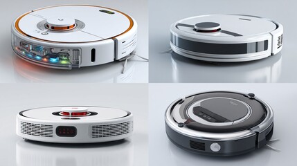 Four robotic vacuum cleaners in a grid layout.  Two are white with orange accents, two are black and white.  Modern design.  Different control panel layouts