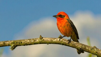 Fototapeta premium Bright red bird perched on branch