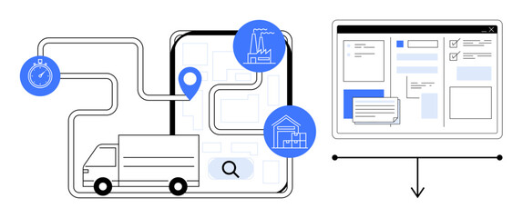 Truck navigating a mapped route, icons of supply chain elements, and analytics on a screen. Ideal for supply chain, logistics, delivery, route optimization, tracking, data analysis productivity