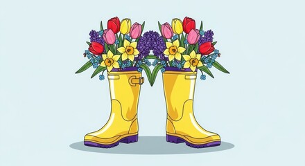 Colorful Spring Flowers in Yellow Rain Boots, Cheerful Floral Illustration on Light Blue Background