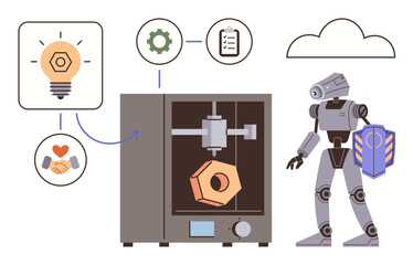 Fototapeta premium Robot standing next to 3D printer crafting gears, connected to icons of ideas, teamwork, and cloud storage. Ideal for innovation, technology, manufacturing, collaboration, creativity robotics