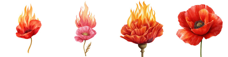 Fototapeta premium Flaming poppy flower remembrance day symbol with red petals and fire effect representing honor and memory watercolor