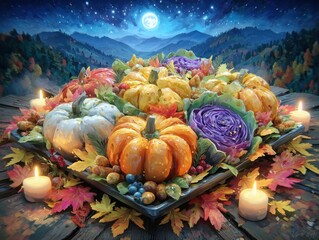 A vibrant autumn harvest display with pumpkins and candles.