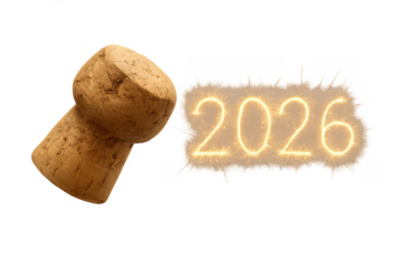 Champagne cork popping with sparkling 2026 sign on transparent background