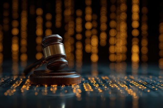 Judge gavel surrounded by binary code representing legal implications of artificial intelligence bias and algorithmic discrimination in justice system concept.