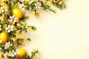 Yellow Easter eggs and spring blossoms frame a light beige background