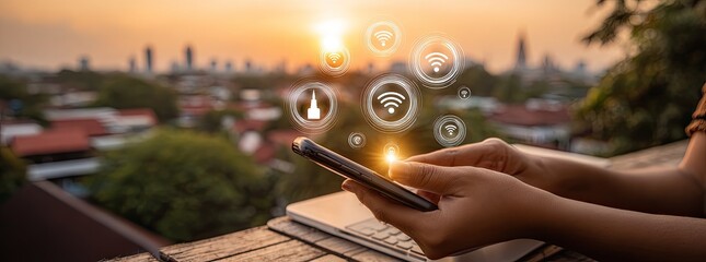 Hands holding a phone, cityscape in background, wireless technology icons overlayed