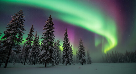 Enchanted Winter Night Aurora Borealis Dancing Over Snow-Covered Pines