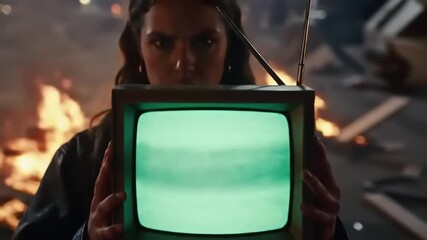 Woman holds retro TV with fire background. - Powered by Adobe