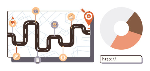 Curved path with milestone icons, target marker, pie chart, and web address input field. Ideal for strategy, progress, development, goals marketing analytics planning. Simple flat metaphor